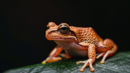 Fototapeta premium Detailed shot of a small orange frog with prominent eyes on a dark leaf, emphasizing contrast