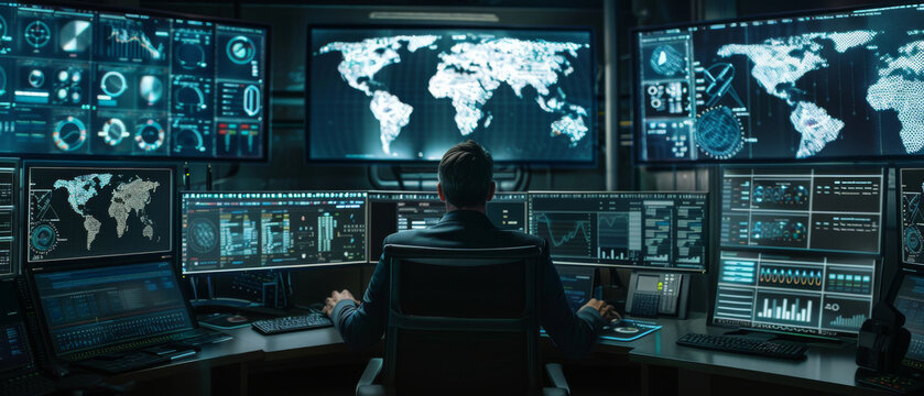 A person working intensely at a high-tech control center surrounded by multiple monitors displaying global data and maps.