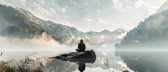 A lone figure meditates on a rock amid a serene lake, surrounded by misty mountains and clouds, embracing tranquility and nature's beauty.