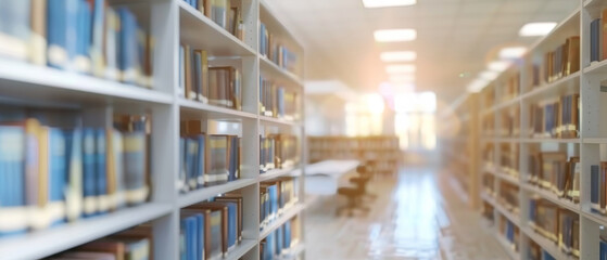 Rows of bookshelves extend into the distance in a sunlit library, creating a serene atmosphere filled with the promise of knowledge and learning.