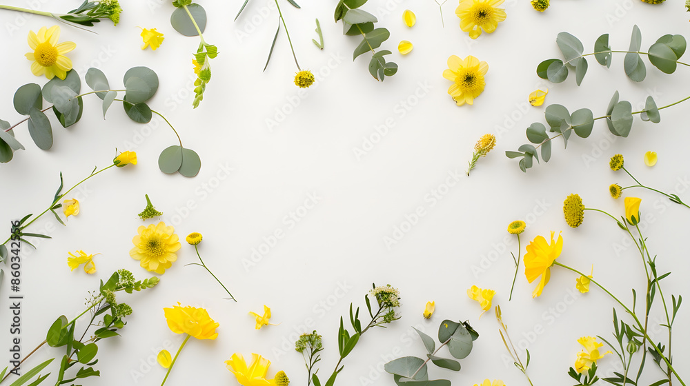 Poster flowers composition wreath made of various yellow flowers and eucalyptus branches on white backgroun