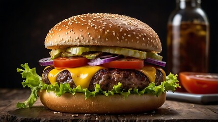 Grilled Burger, cheeseburger, hamburger with tomato on sesame bun on background