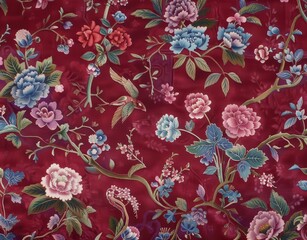 A red floral print with a bird and flowers. The bird is in the middle of the print and the flowers are scattered throughout the background
