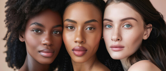 Obraz premium Three women of varying skin tones pose closely together, celebrating diversity, unity, and natural beauty in a powerful and uplifting portrait.