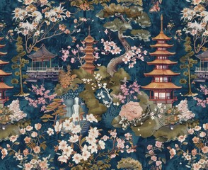 A blue and pink floral print with a Japanese theme, Pagoda and Blooms, Traditional pagodas and flowers on blue background, Cultural Pattern