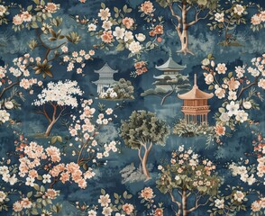 A blue and pink floral print with trees and buildings, Oriental Garden, Asian pagodas and trees with flowers on blue, Scenic Design