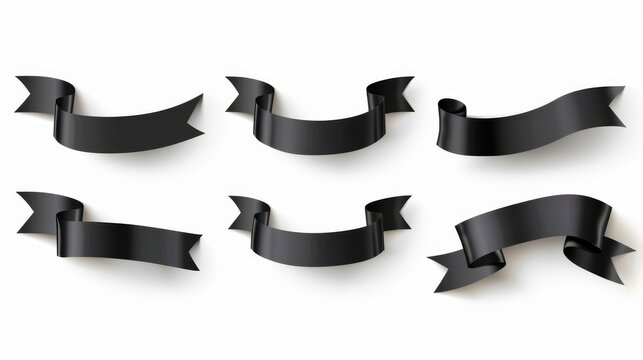 A collection of five black scroll ribbon banner illustrations isolated on a white background, ideal for labels or decoration