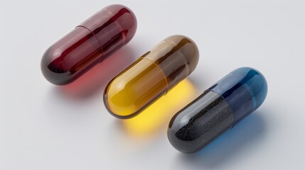 Multivitamin capsules in assorted colors diagonally arranged on a white backdrop, closeup.