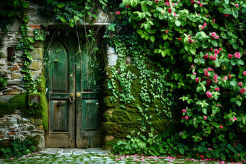 Mysterious Old Door Overgrown with Vines and Flowers
