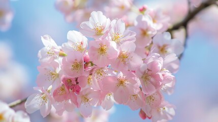 Naklejka premium Mesmerizing closeup of vibrant pink cherry blossoms set against a serene azure sky, leaving ample space for your artistic vision.
