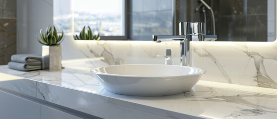 A modern bathroom sink with sleek, clean lines and a reflective surface, accompanied by plants, under natural light from a nearby window.