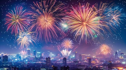 New Year's Eve Fireworks: Spectacular fireworks lighting up the night sky over a cityscape on New Year's Eve.