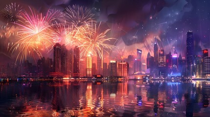New Year's Eve Fireworks: Spectacular fireworks lighting up the night sky over a cityscape on New Year's Eve.