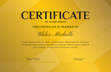 Elegant black and gold blue diploma certificate template with luxury badge and modern line pattern. For award, business, and education needs. Use for print, certificate, diploma, graduation