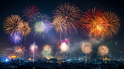New Year's Eve Fireworks: Spectacular fireworks lighting up the night sky over a cityscape on New Year's Eve.
