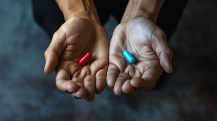 Red and blue pills in hands representing choice