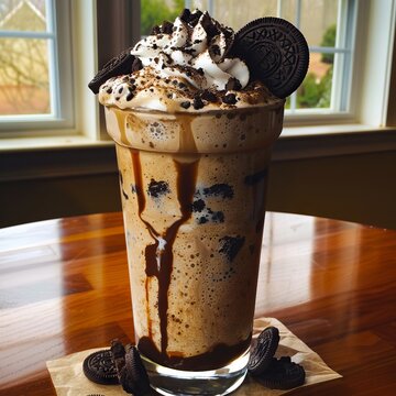 A glass of milkshake with oreos and caramel.