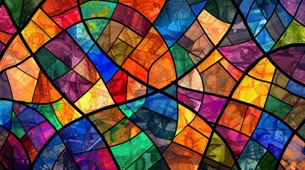 Geometric mosaic of vibrant hues reminiscent of stained glass