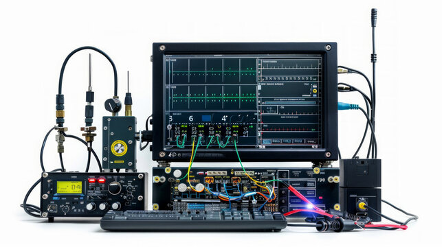 Network Analyzer: Measures and analyzes the performance of RF and microwave components isolated on white background