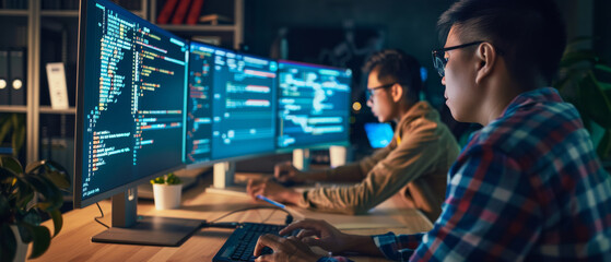 Two focused programmers work intently on large monitors covered with lines of code, highlighting a vibrant and collaborative tech environment.