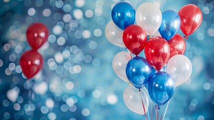 Festive party scene featuring balloons in patriotic red, white, and blue hues alongside the American flag.