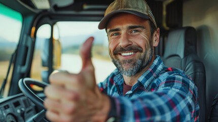 A smiling male driver or farmer driving a car or heavy truck gives a thumbs up sign that everything is Okay