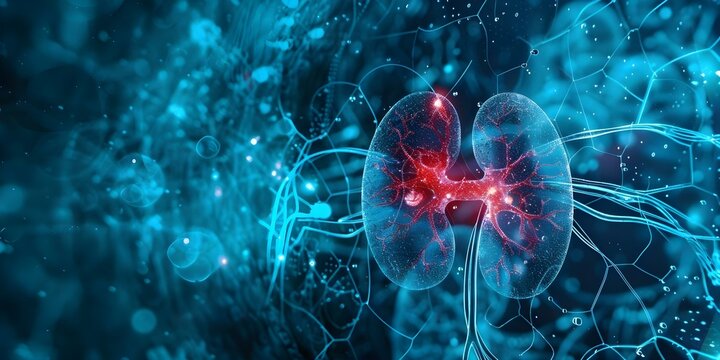 Illustration of human kidneys and urinary system for medical and urological study. Concept Human kidneys, Urinary system, Medical illustration, Urological study, Kidney diseases