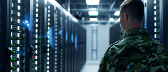 A soldier in uniform is seen navigating through a modern server room, representing cybersecurity and the military's role in data protection.