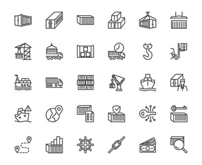 Cargo shipping container outline icon set