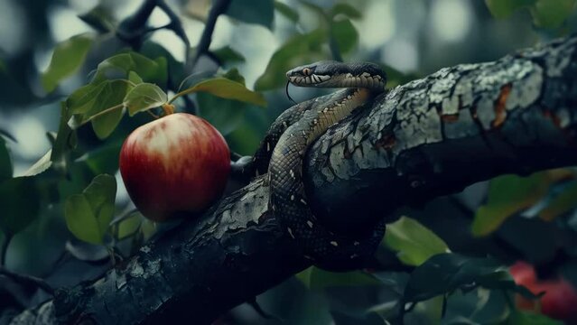 A snake sits on a tree branch next to a ripe apple.