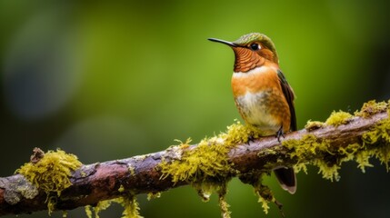 A close-up of a rufous hummingbird sitting on a moss-covered branch with blurred backdrop