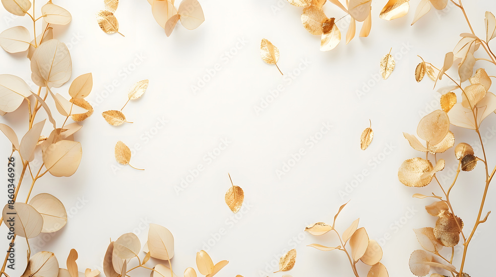 Poster Gold round frame made of gold branches eucalyptus and leaves isolated on white background lay flat top view : Generative AI