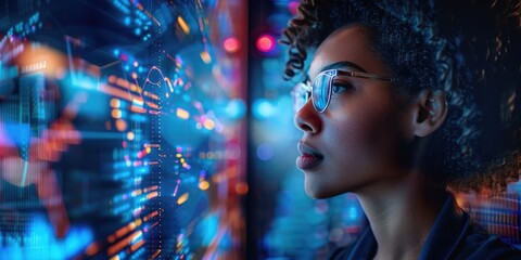 AI cyber female IT specialist analyzing artificial intelligence threats to consumer data and privacy leaks. Technology cyberspace software analyst.