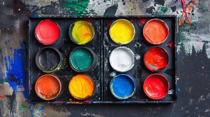 Circular wells in black plastic paint tray filled with vibrant paint from above