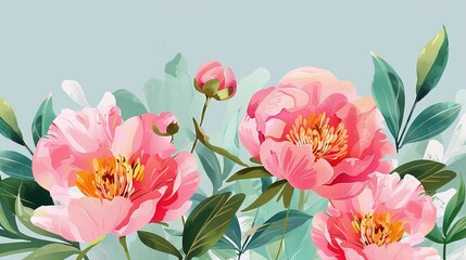 Obraz premium Charming pink peonies with vivid green leaves adorn a serene light blue backdrop in this captivating illustration.