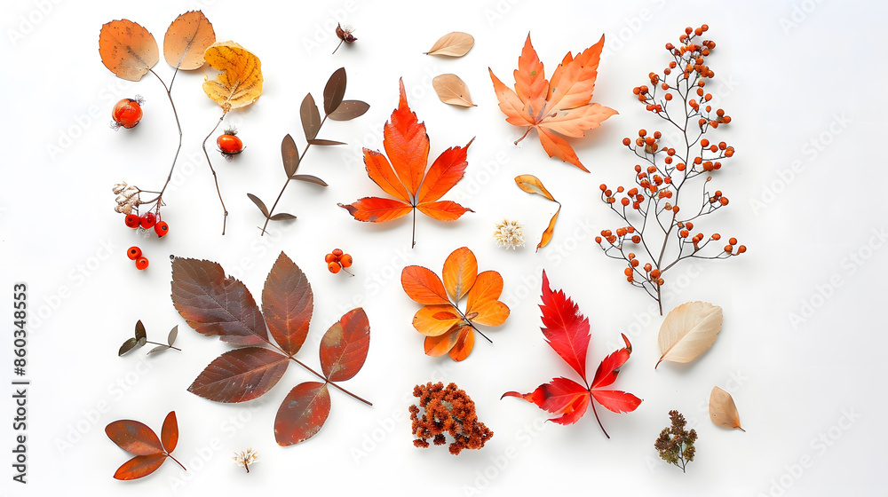 Poster autumn composition dried leaves flowers rowan berries on white background autumn fall thanksgiving d