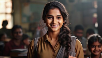 Teacher's Day in India. The smiling Indian teacher. a female teacher in the background of a classroom