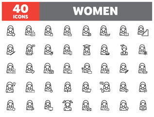 Set of 40 line icons women. Outline icon collection. Editable stroke. Vector illustration.