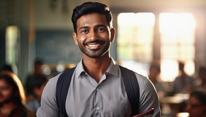 Teacher's Day in India. A smiling Hindu teacher in a classroom. male teacher in the background of the classroom