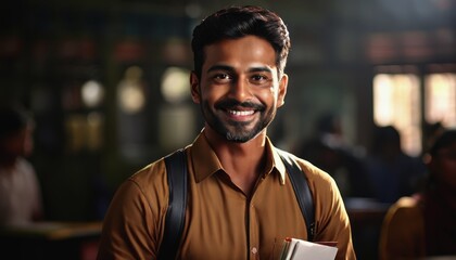 Teacher's Day in India. A smiling Hindu teacher in a classroom. male teacher in the background of the classroom