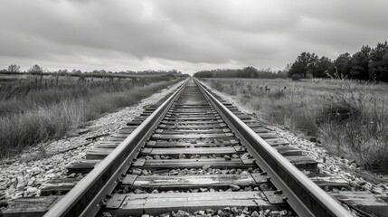 Fototapeta premium Black and white depiction of vanishing railroad tracks stretching out to the horizon.