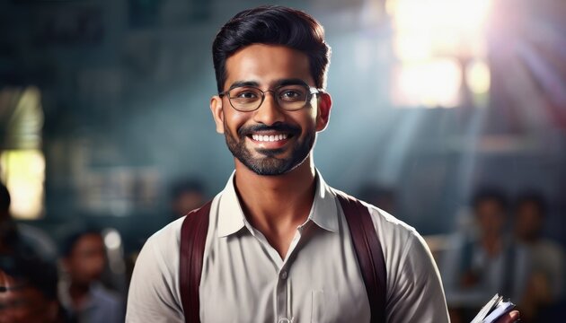 Teacher's Day in India. A smiling Hindu teacher in a classroom. male teacher in the background of the classroom - Powered by Adobe