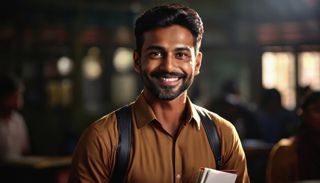 Teacher's Day in India. A smiling Hindu teacher in a classroom. male teacher in the background of the classroom