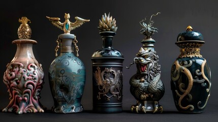 Artistic photograph of five ornate bottles adorned with mythical creature motifs.
