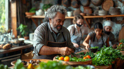 A telephoto angle photo of LGBTQ+ elders hosting a cooking class, sharing traditional recipes and cultural heritage, environmental scientists, engineers, activists working, environ
