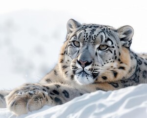 Fototapeta premium Snow leopard in snowy mountains, cold, clear day, medium closeup, focused on animal, eyelevel view, pristine white background