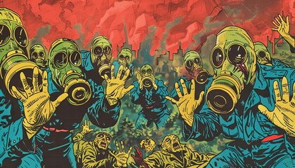 Colorful Pop Art Gas Masks with Smoke in Background