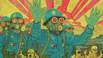 Vibrant Military Illustration of Soldiers in Gas Masks