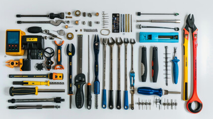 Fototapeta premium Avionics Toolkit: Collection of specialized tools for avionics installation, repair, and maintenance isolated on white background