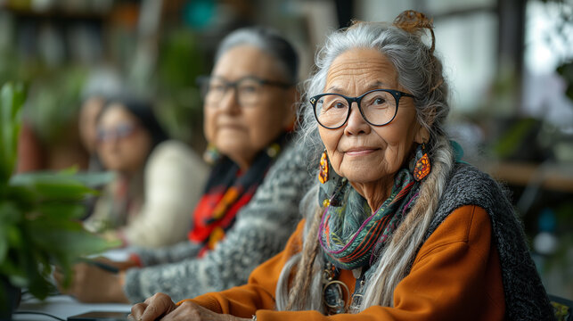 A telephoto angle shot of LGBTQ+ elders participating in a tech workshop, learning about the latest digital tools and technologies, environmental scientists, engineers, activists w